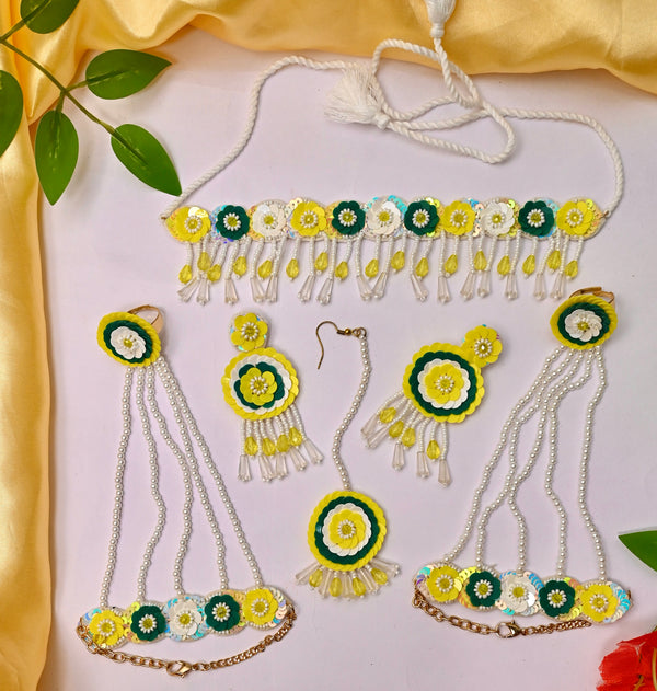 Handmade Yellow-Green Floral Beaded Jewellery Set for Haldi and Mehndi