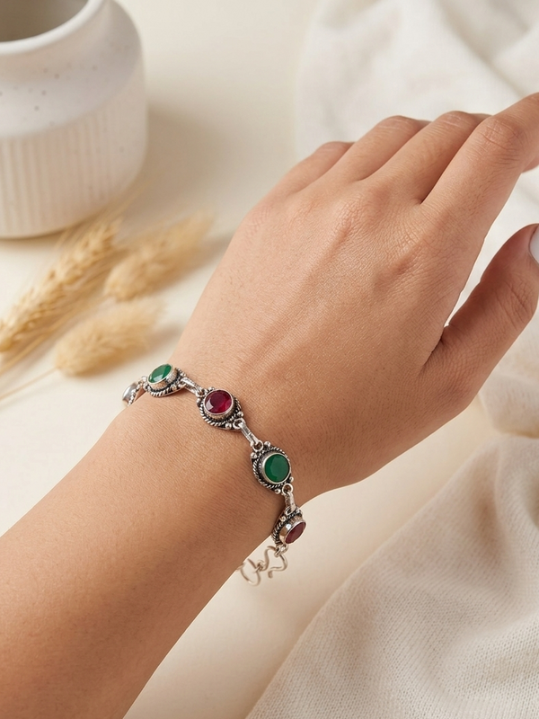 Oxidized Sterling Silver Garnet Handmade Bracelet