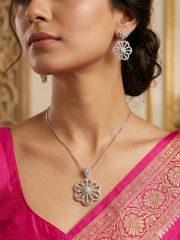 Floral Design Silver AD Pendant Set