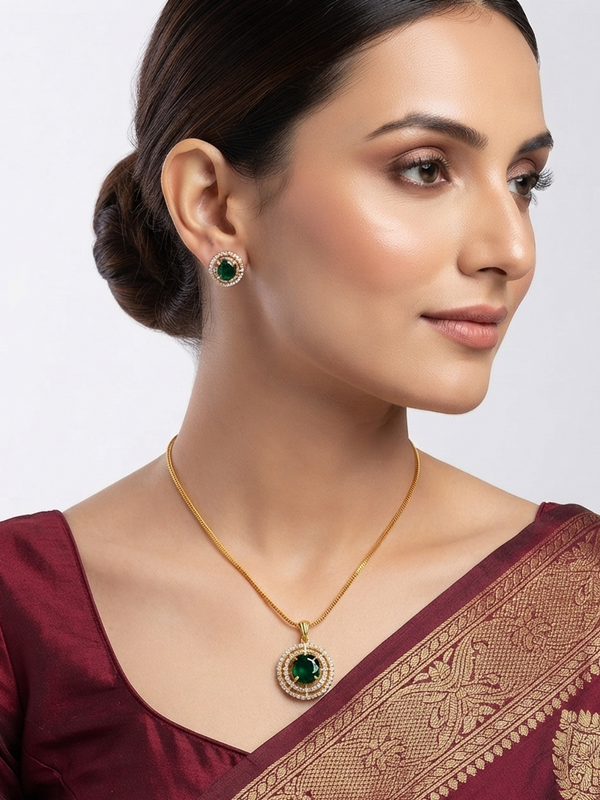 Meraki Gold Plated Round Shaped Pendant with Earrings