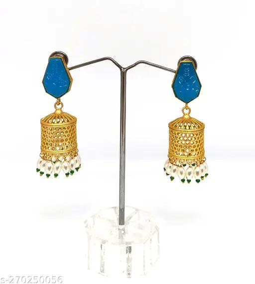 Brass Jhumkas with Blue Stone