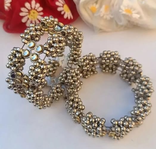 Oxidized Silver-Plated Bracelet with Mirror Work