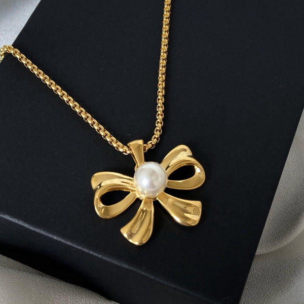 Gold Plated Bow Pendant with Pearl