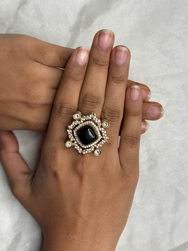 Diamond Studded With Black Stone Kundan Adjustable Ring