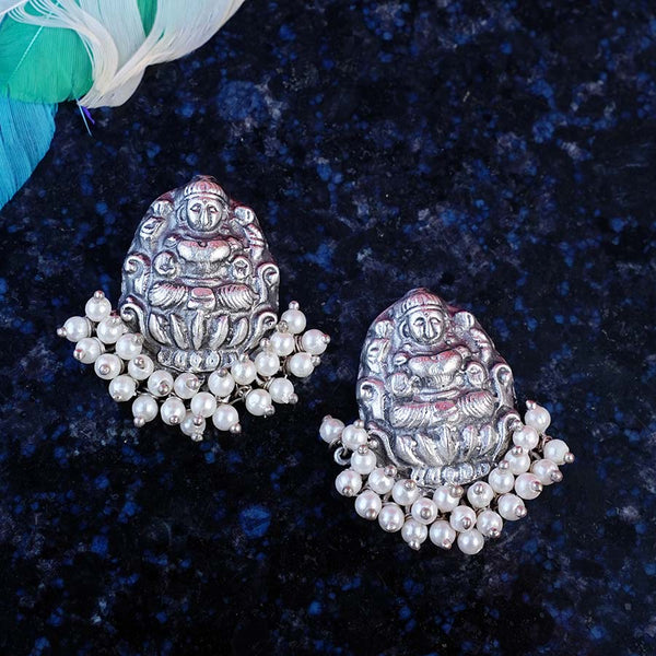 Meraki Traditional Silver Oxidized Earrings with Hanging Pearls