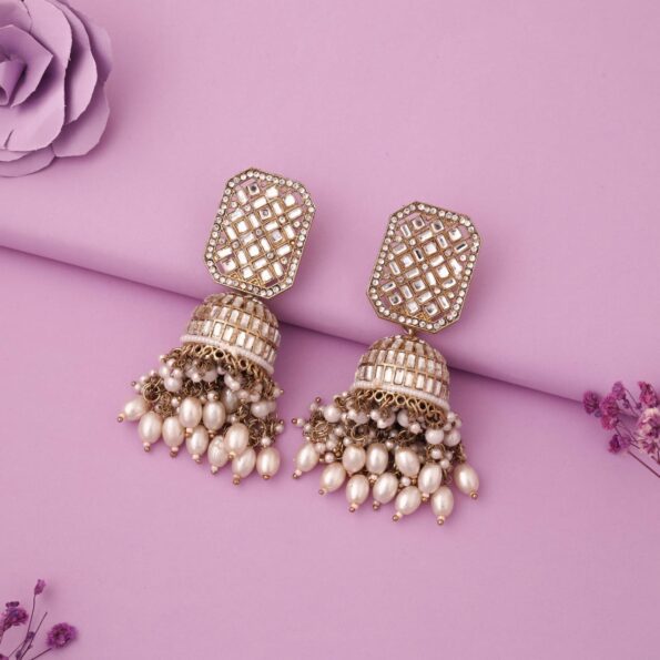 Beautiful Diamond Studded Pearl Beaded Jhumka Earrings