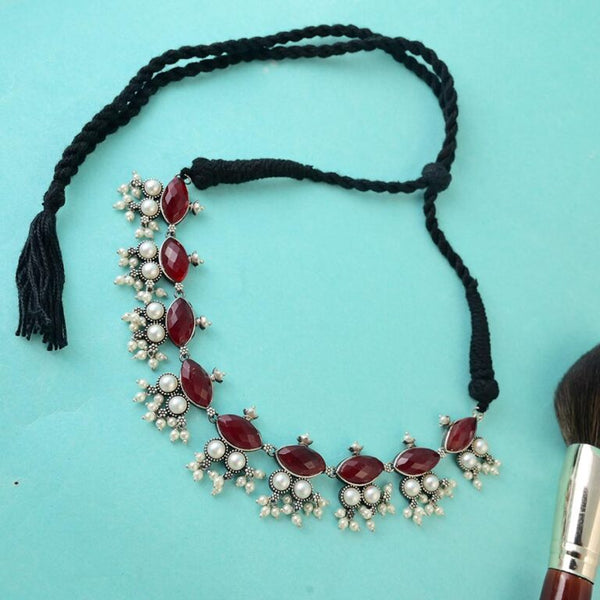 Delicate Oxidized Red Stone Necklace With Pearls