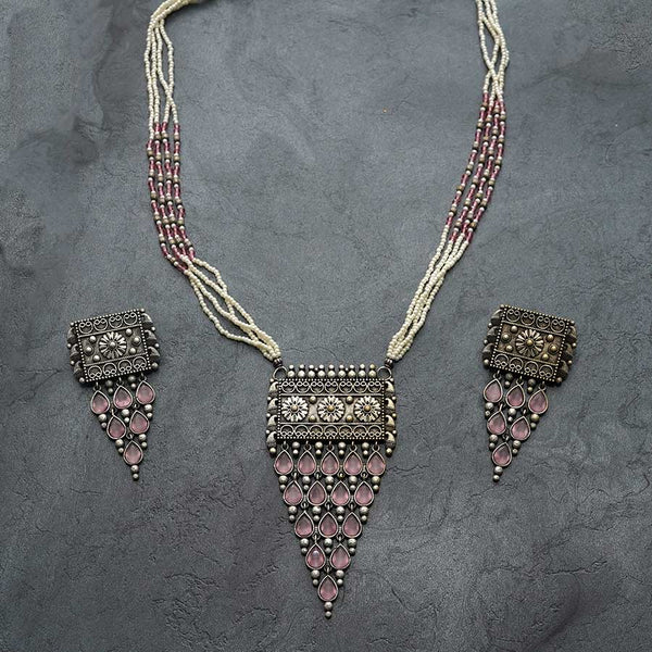 Afghani Tribal Antique Boho Pink Stone Pearl Necklace with Earrings