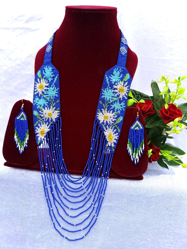 Flower Design Blue Beads Necklace