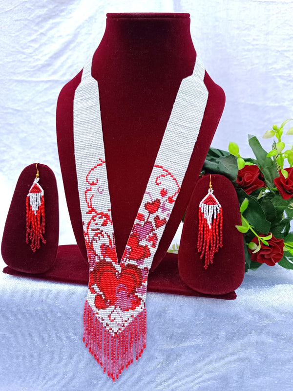 Red Heart Long Seed Bead Necklace