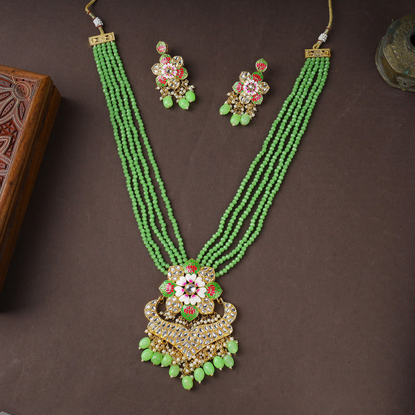 Flower Design Kundan Long Necklace Set