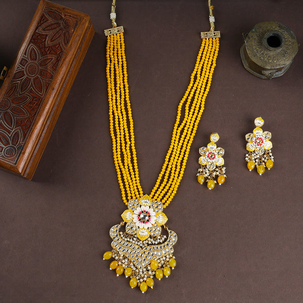 Flower Design Kundan Long Necklace Set