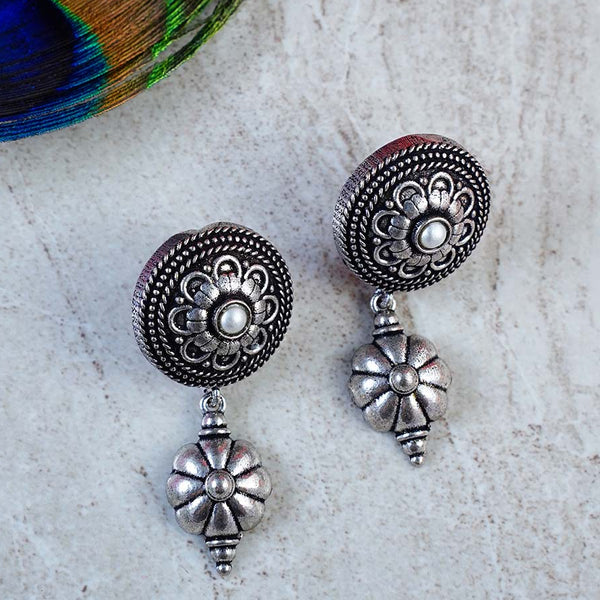 Silver Oxidized Embossed Floral Earrings