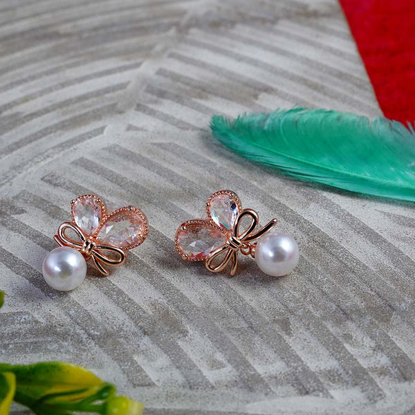 Elegant Fashion Bow Diamond Earrings with Hanging Pearl For women