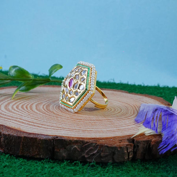Meraki Jaipuri Green Gold Tone Kundan Adjustable Ring