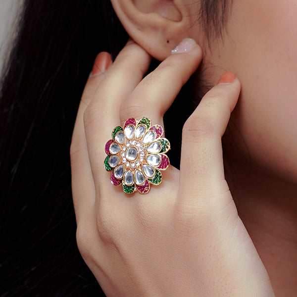 Meraki Trends Goldplated Kundan Meenakari Floral Ring