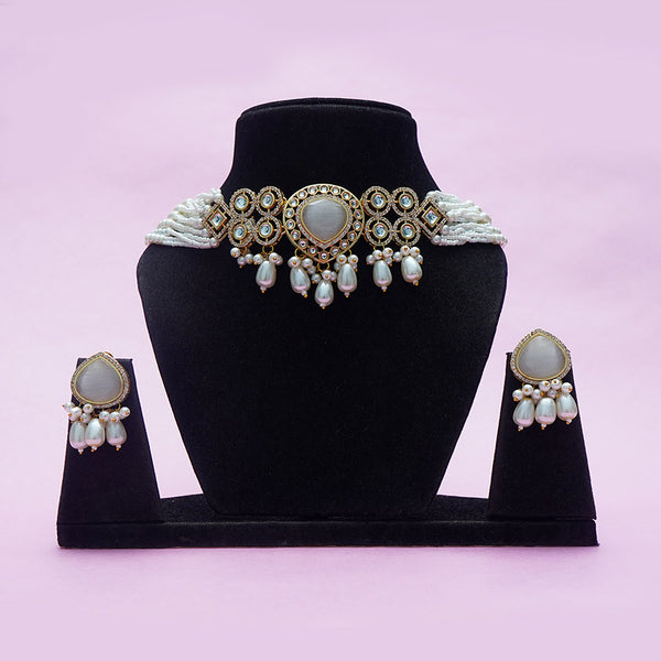 Meraki AD Stone Kundan Choker Set with Beads &Pearls