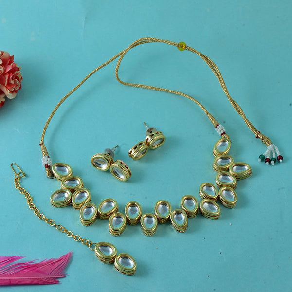 Gold Plated Kundan Necklace & Earrings with Mang tikka