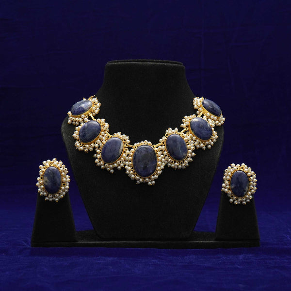 Meraki Gold Plated Choker with Blue Marble Stones and Pearls
