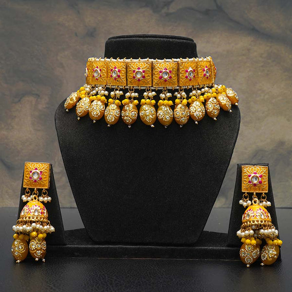 Meraki Gold Finish Kundan and Pearl Choker Set with Meenakari Work