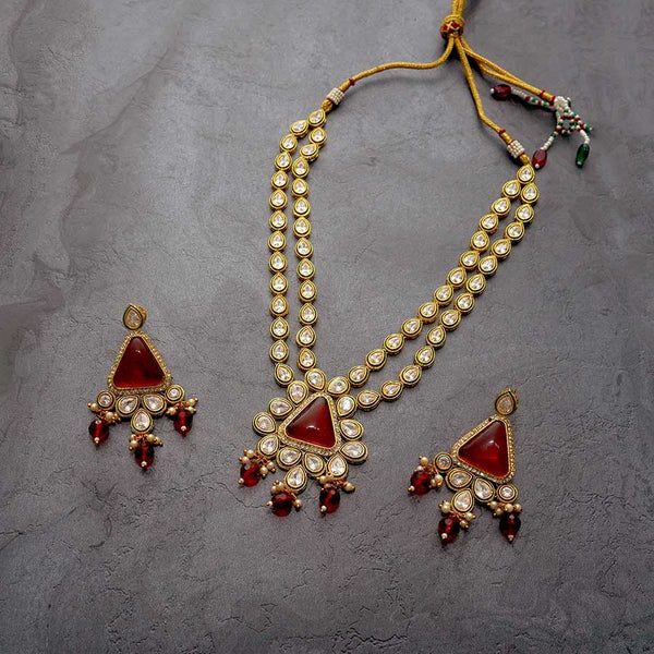 Double Line Gold Plated Kundan Polki Maroon Necklace Set