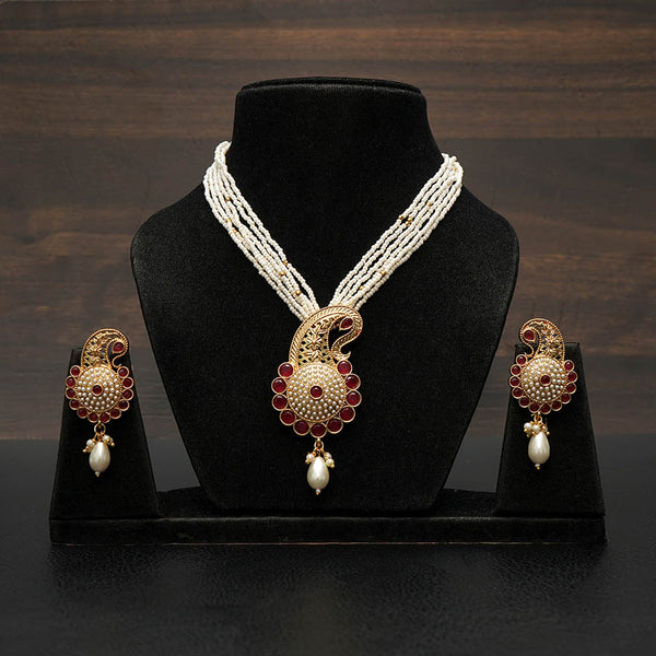 Gold Plated White Beads Necklace with Ruby Stone