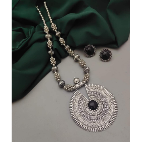 Oxidized Long Black Stone Necklace Earrings Set