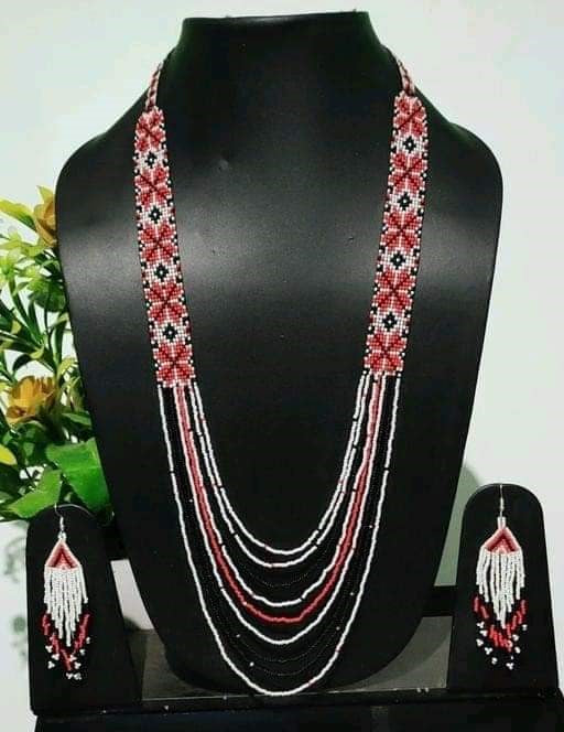 Meraki Trends Red & White Ukranian Beaded Long Set
