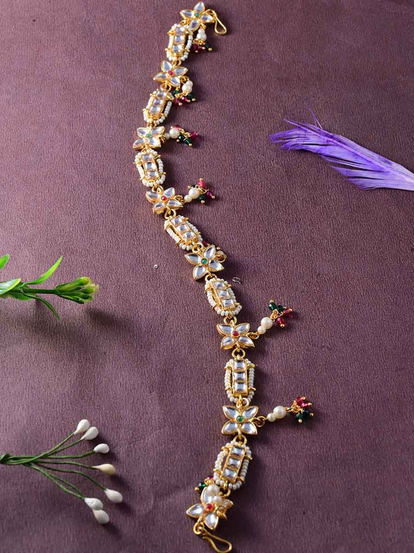 Meraki Gold Plated Kundan Work Mathapatti with Hanging Wine &Green Beads