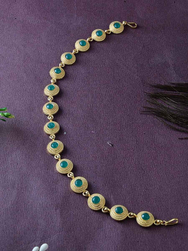 MERAKI Gold Plated Round Green Stone Mathapatti