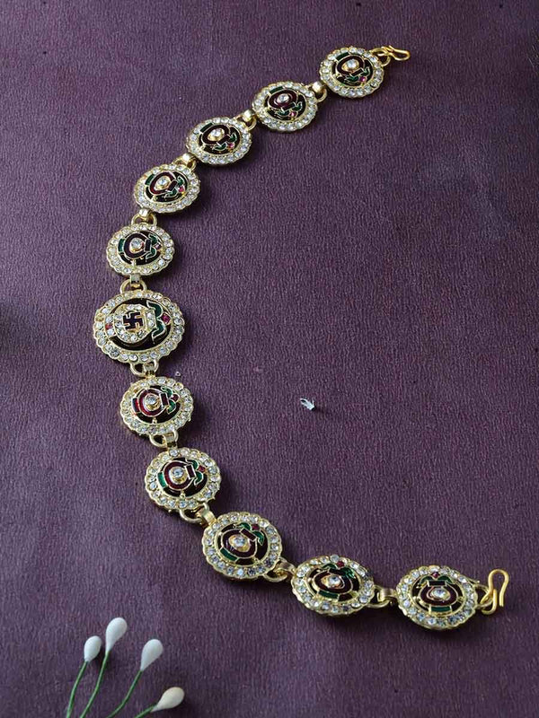 Meraki Gold Plated Diamond Studded Swastik Designed Mathapatti