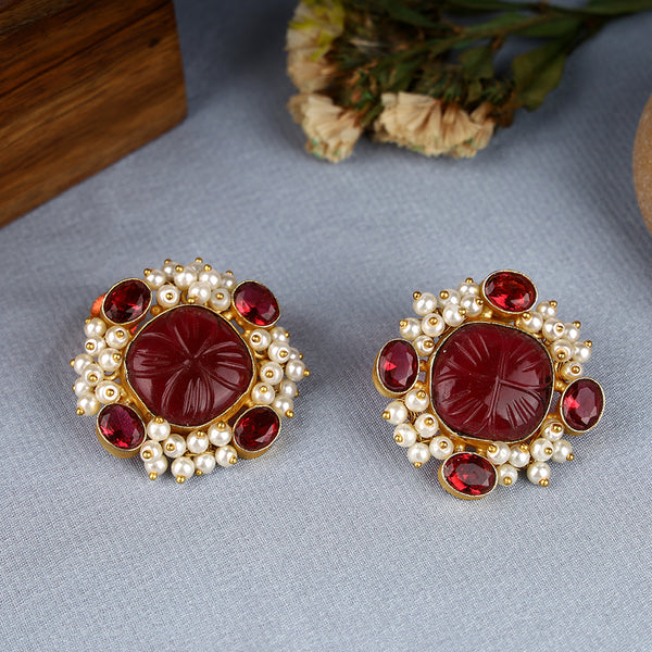 Ruby Stone Brass Earring with Pearls