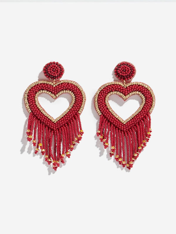 Red Heart Danglers Beaded Earrings