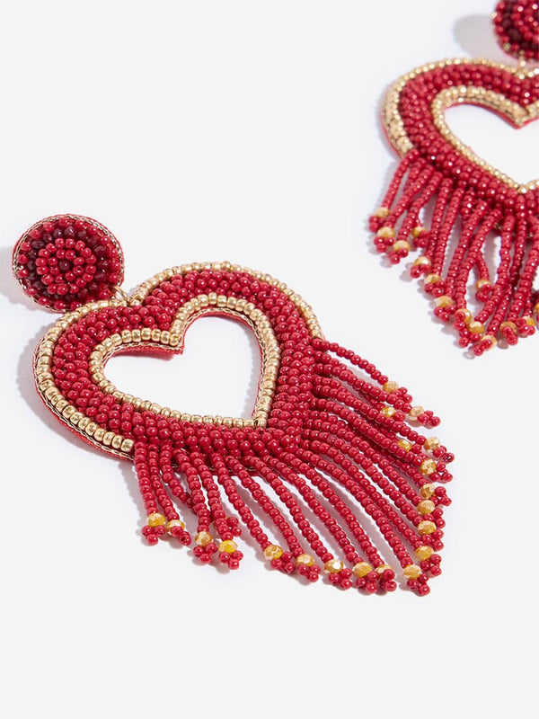 Red Heart Danglers Beaded Earrings