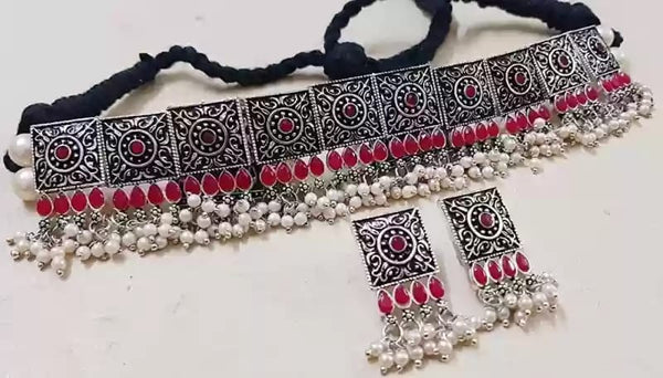 Antique Silver Oxidized and Pearl Choker Set