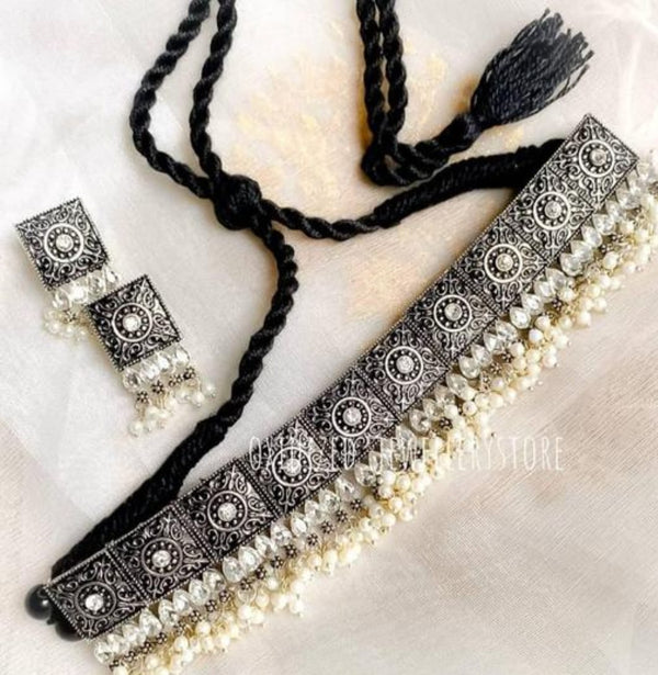 Antique Silver Oxidized and Pearl Choker Set