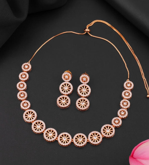 Rose Gold Diamond Studded Necklace With Earrings