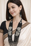 White Flower Glass Beaded Black Long Set