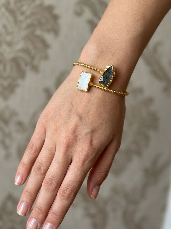Grey And White Gemstone Gold Brass Bracelet