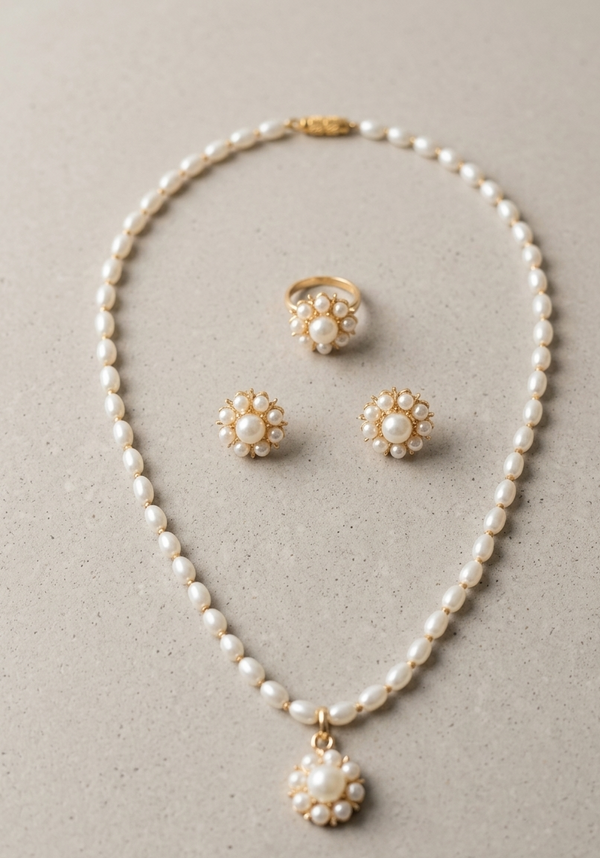 Traditional Pearl Pendant Set With Ring