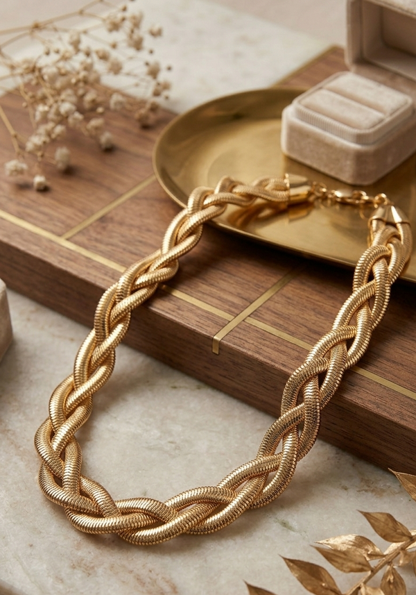Vintage Light Gold Tone 3 Strands Braided Necklace