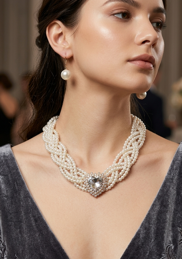 Pearl Braid With Heart Necklace Set