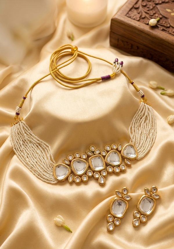 Meraki Stylish White Kundan Choker Set with Earring Necklace for Women & Girls Suitable for all Occasions