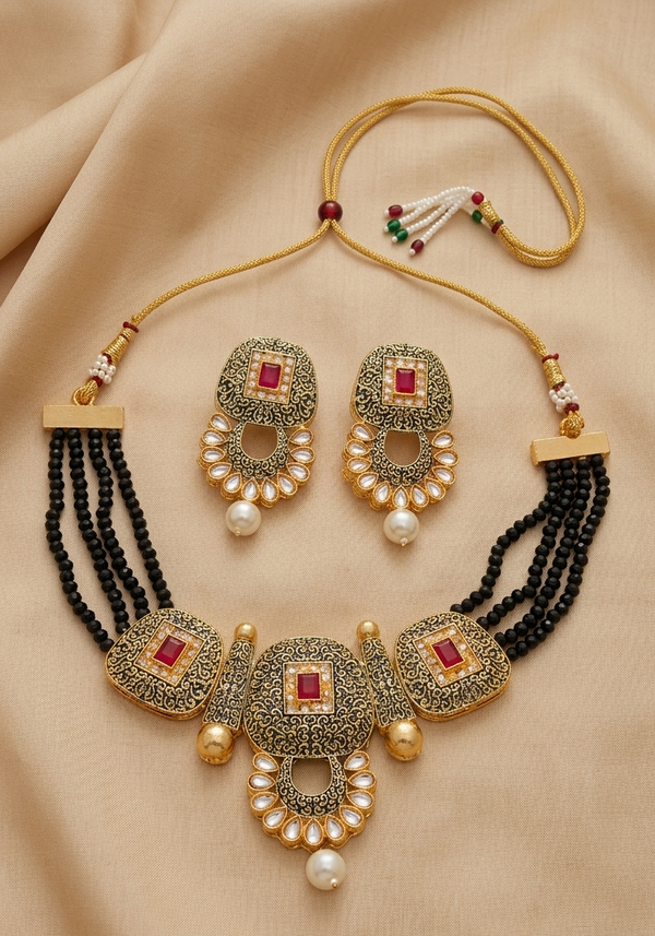 Meraki Gold Plated Ruby Diamond Choker Set
