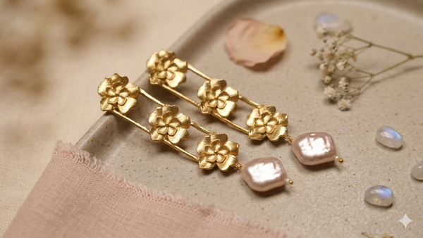 Flowers And Pearl Drop Brass Earrings