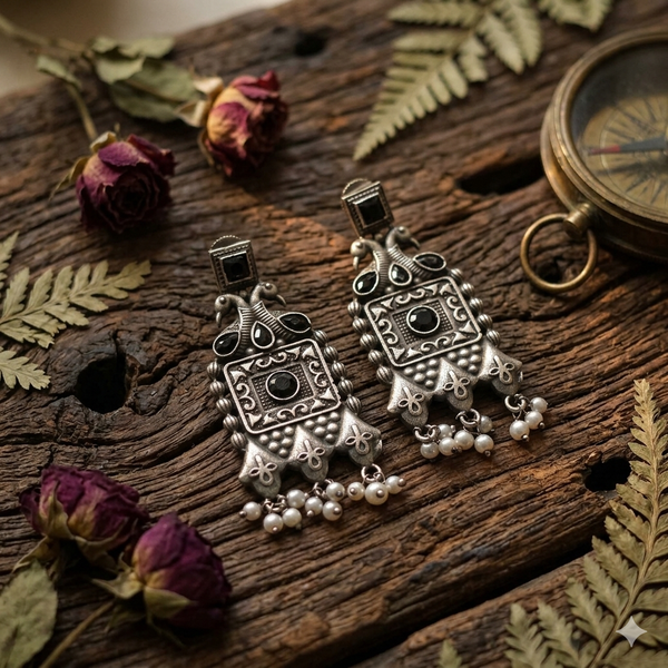 Sterling Silver Black Stone Oxidized Earrings