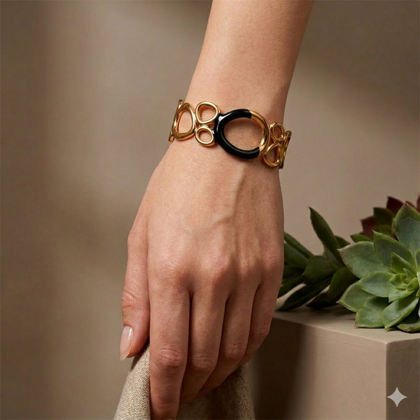 Broad Black And Gold Anti-Tarnish Bracelet