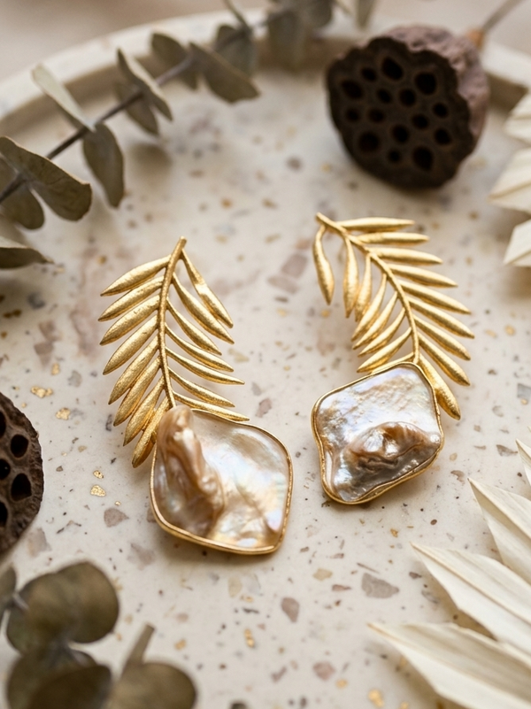 Leaf Style Brass Moon Stone Earring