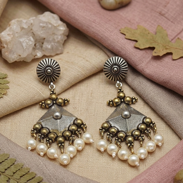 Traditional Silver Pearl Oxidized Earrings