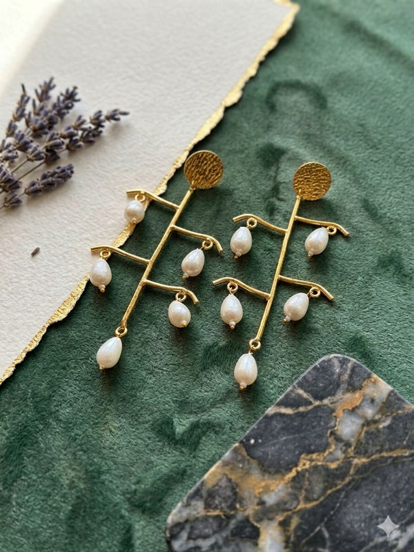 Pearl Drop Long Brass Earring